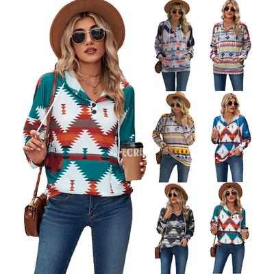 2024 European And American Geometric Pattern Long Sleeved Loose Hooded Button Pocket Hoodie For Women