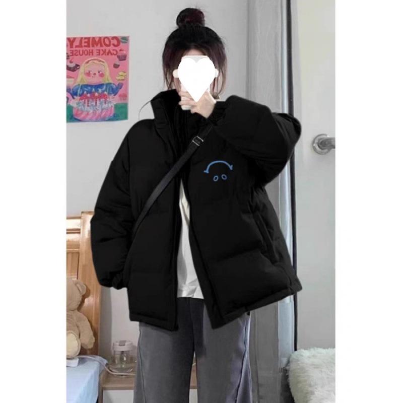 

Women s Winter Casual Black Printed Cotton Jacket with Stand-up Collar - Stylish, Thick, and Loose Fit Outerwear 2XL чёрный