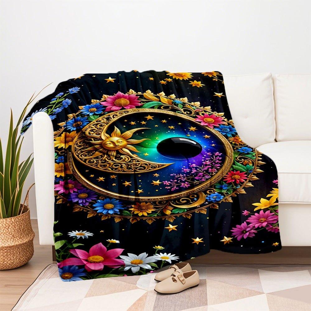 "Colorful Floral Celestial Wall Art Decor"Blanket Flannel Throw Blanket for Sofa, Bed, Travel, Camping, Office