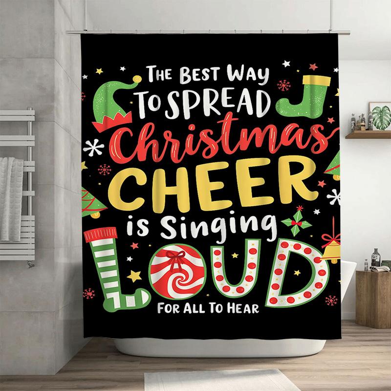

Christmas Song Lyric Shower Curtain With Festive Quote, Black Background With Colorful Text For Music Lovers Holiday Decor W60H190(CM)-1 Pcs