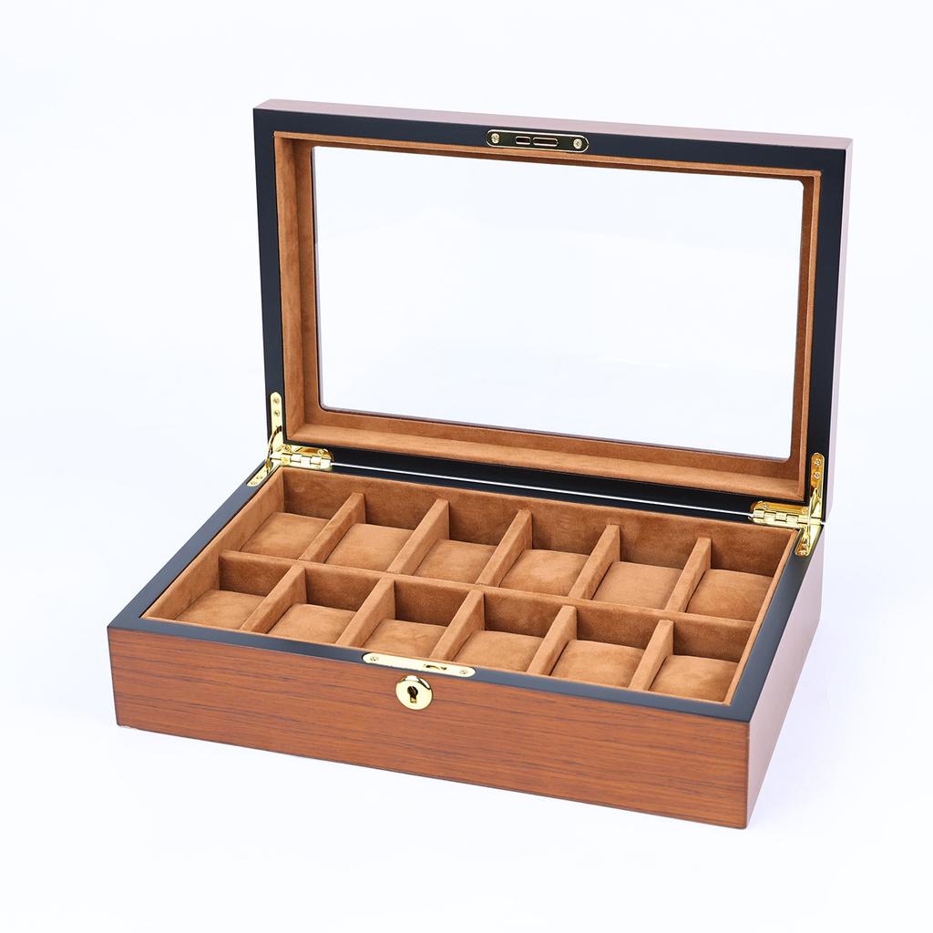 Vintage Black Spade Wood Grain Lacquered Matte Watch Display Box with Lock, Dust-Proof Storage for Watches and Accessories
