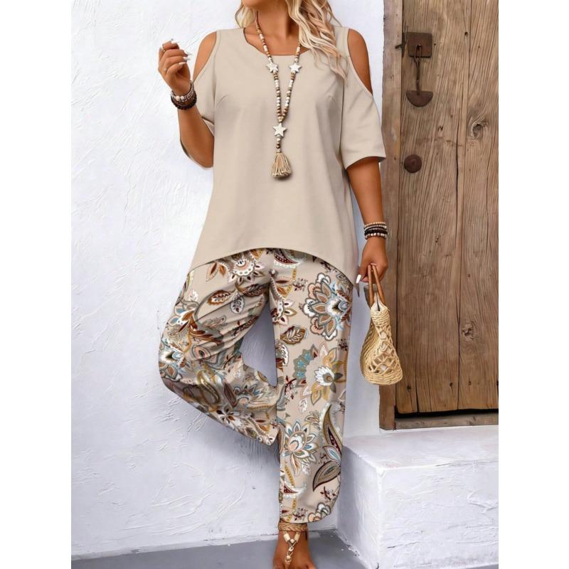 Nuovo Stile Tuta Casual da Donna Stampata Larga Due Pezzi Pantaloni a Maniche Corte e Top alla Moda Off-the-shoulder