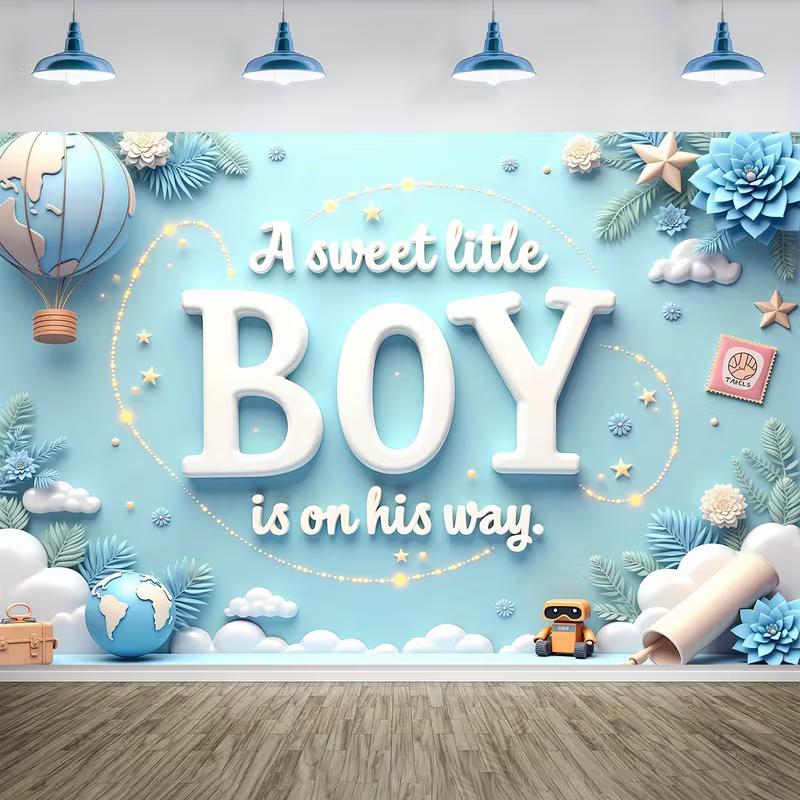 

2D A Sweet Little Boy Backdrop, Blue Floral Hot Air Balloon & Clouds Banner 47.2x31.5inch/120*80cm