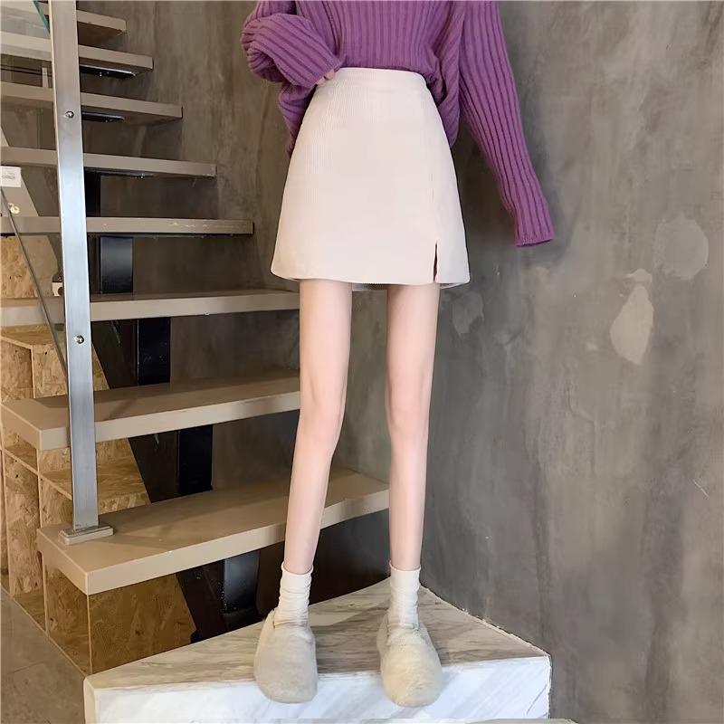 Women's High Waist Corduroy A-line Slit Bodycon Midi Skirt for Autumn/Winter