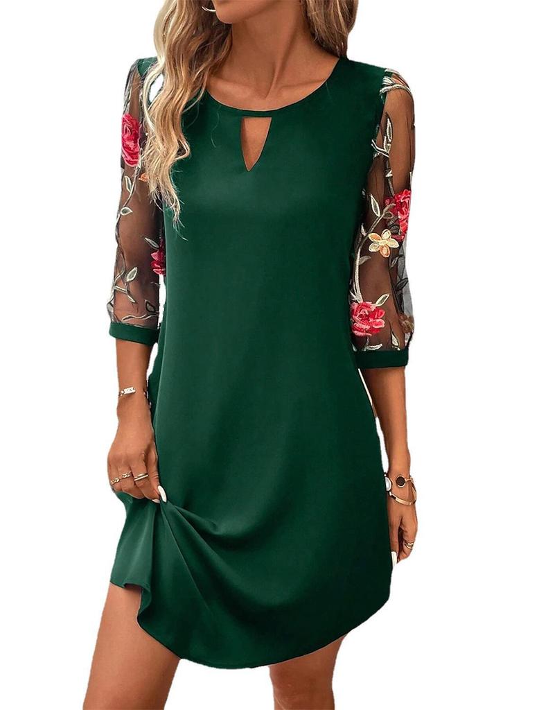 Vestido Camiseta de Malla Floral con Manga y Escote de Ojal para Mujer Vestido Túnica Casual de Manga Corta Vestido de Verano de Color Sólido