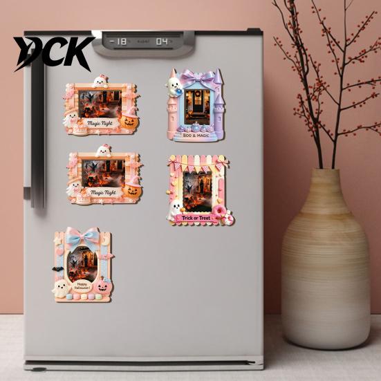 Decorative Magnetic Frame Halloween Photo Refrigerator Magnet, Ghost Pumpkin Picture Display Holder, Wooden for Holiday Party Kitchen Themed