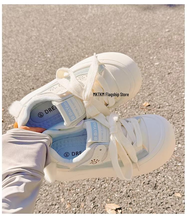Girls' White Spring 2026 Breathable Thick-Sole Casual Sneakers, Non-Slip & Fashionable