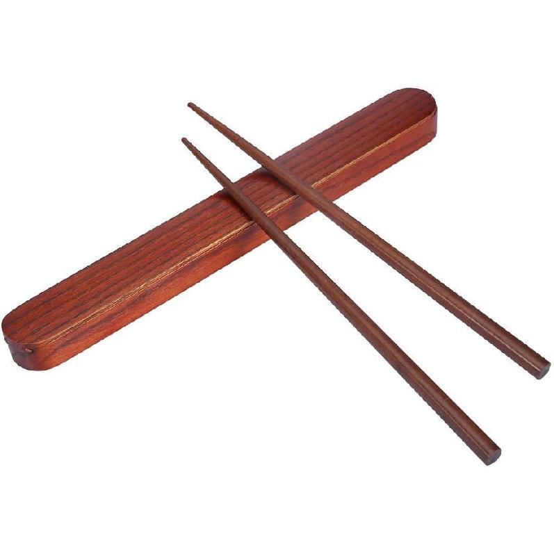 1Pair Portable Wooden Chopsticks,With Pull Type Chopsticks Box Case,Reble Hard Wooden Dinnerware for Outdoor Travel 25cm/9inch(Deep Color)