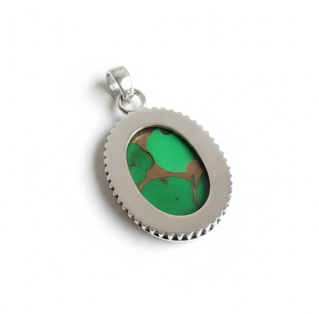 Green Copper Turquoise Pendant, 925 Solid Sterling Silver, Oval Shape Gemstone Necklace Pendant