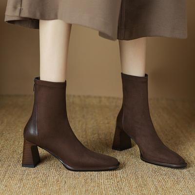 Autumn Winter Square Toe Women High Heel Ankle Boots Fashion Stripper Party Shoes Female Vintage Stretch Slim Short Booties