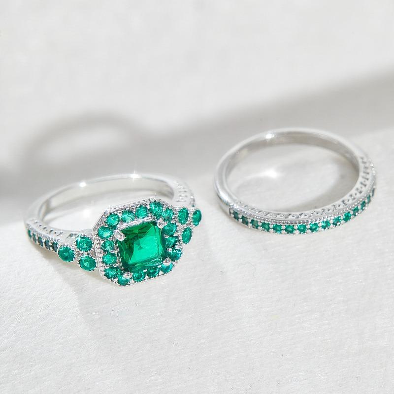 Luxury Female Green Zircon Stone Engagement Ring Set Cute Silver Color Wedding Jewelry for Women