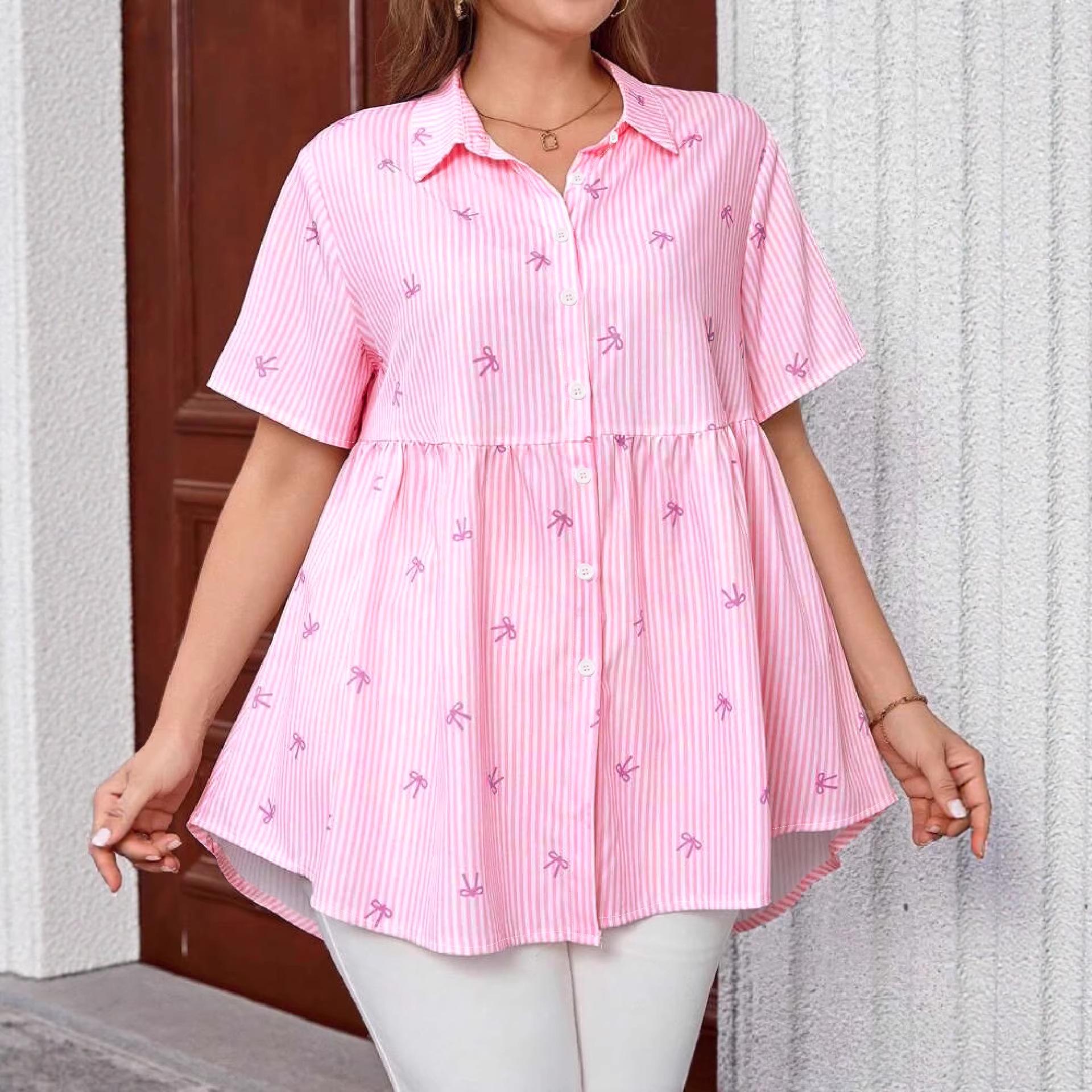 Pink Striped Plus Size Women s Summer Shirt with Bow Knot Print S