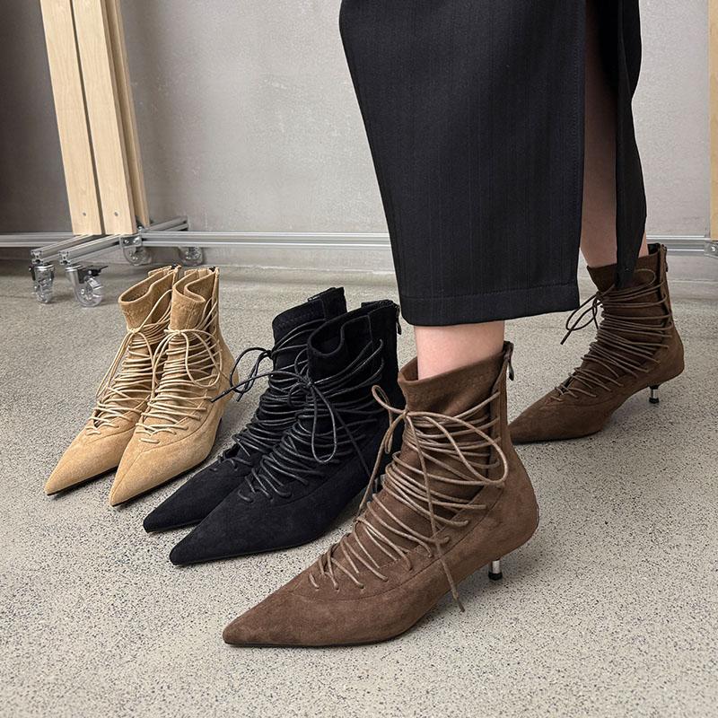 Fashion Fashion Pointed Toe Lace Up Ankle Boots Women High Quality Faux Suede Kitten Heel Designer Boot Comfort Back Zipper Modern Boots