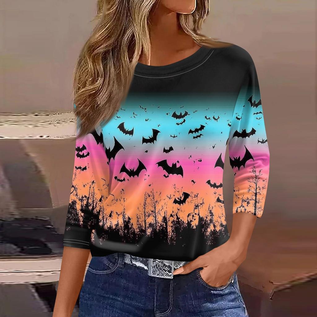 Damen T-Shirt, modisch, lässig, Rundhalsausschnitt, 3/4-Ärmel, lockeres bedrucktes T-Shirt, Damenoberteil
