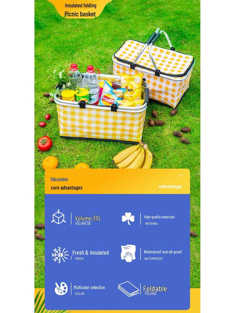Faltbarer isolierter Picknickkorb Lunchtasche - Tragbare Sommer-Kühltasche mit Kühlakku und Aluminiumfolienisolierung