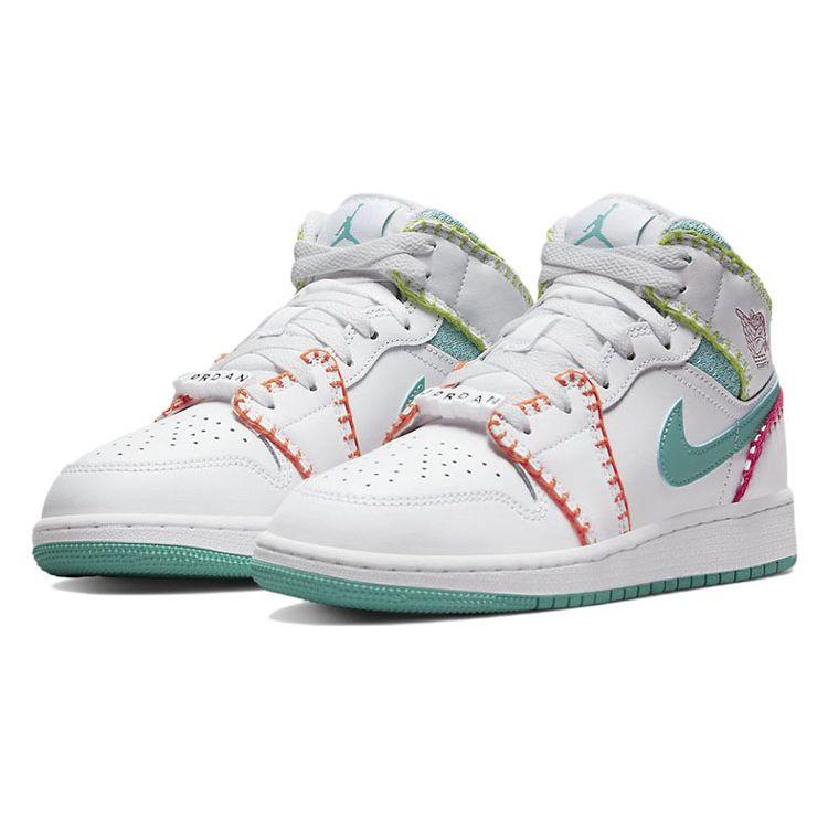 Detské tenisky Air Jordan 1 Mid SE GS Multi Knit Biela Washed-Teal Rush-Ružová DM6218-100