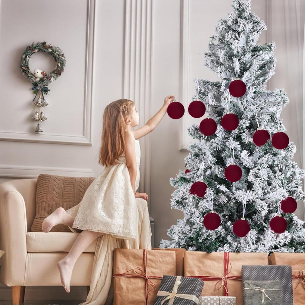 12pcs Christmas Tree Hanging Ball Decoration 2.4Inch Velvet Christmas Ornaments Balls Flocked Shatterproof Plastic Xmas Tree Ball for Party Holiday