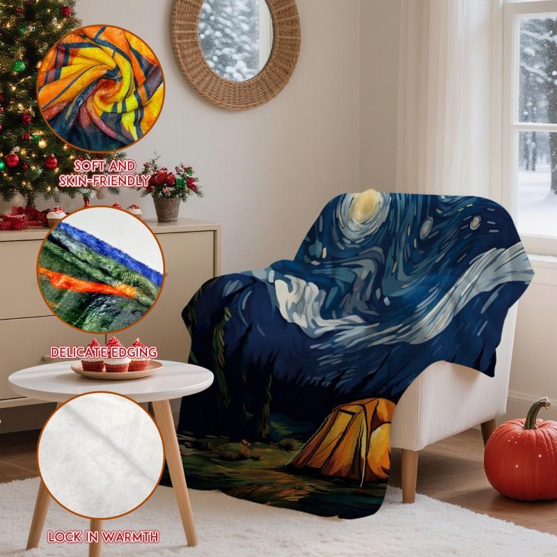 Soft Fleece Blanket With Starry Sky Print Camping Sofa Napping Air Conditioning Use Customizable Design