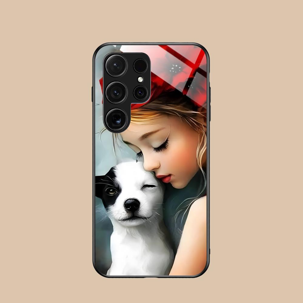 Girl Dog Puppy Glass Mobile Phone Case for Samsung Galaxy A56 55 54 53 52 51 36 35 34 23 16 15 5G Colorful Cover