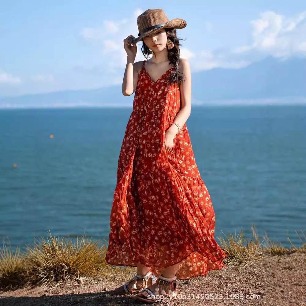 Dream Horse Retro Vacation Long Skirt Yunnan Big Northwest Red Dress Bohemian Suspender Dress Backless Woman