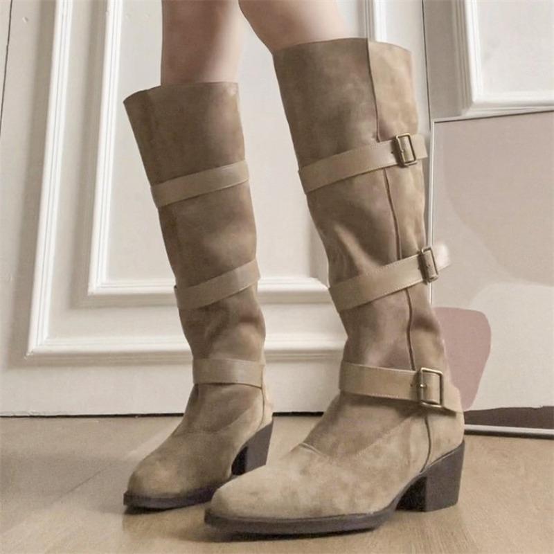 Sleeve Boots Autumn and Winter New Round Toe Suede Buckle Soft Sole Non-slip Wear-resistant Block Heel Shoes