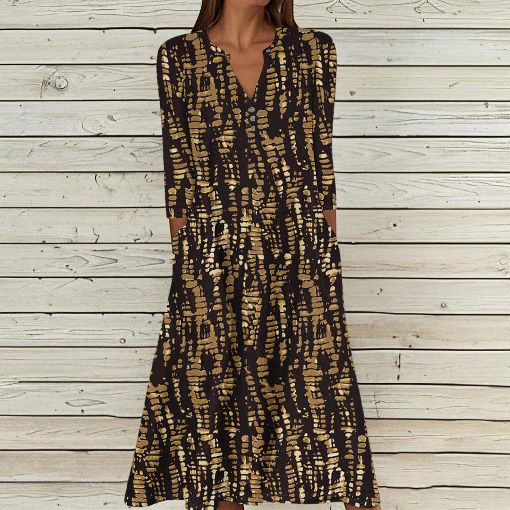 Women's Summer Casual V-Neck Button Vintage Floral Print Three-quarter Sleeve Long Dress With Pockets