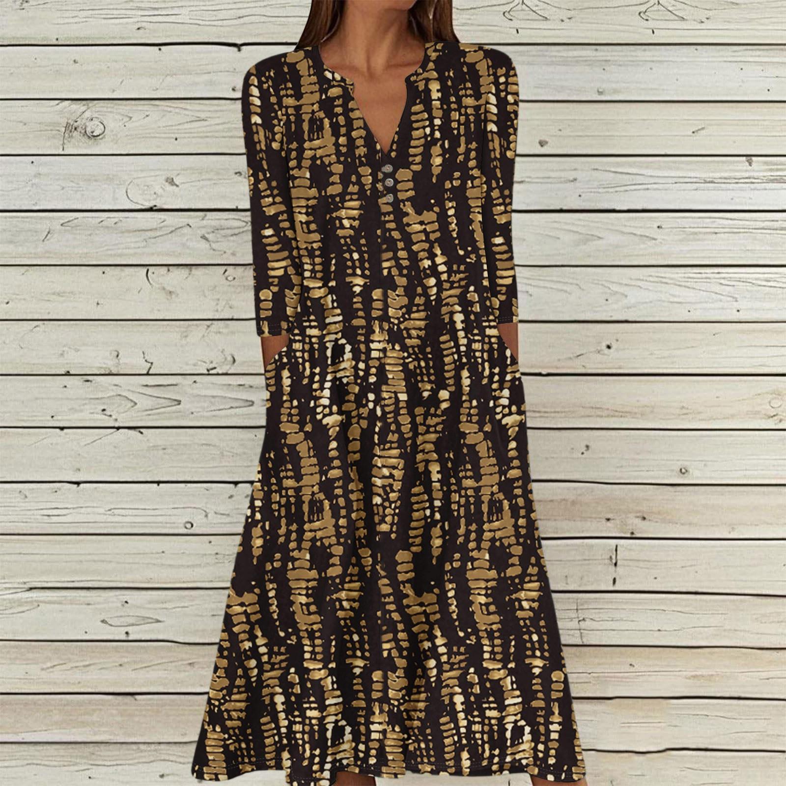 

Women s Summer Casual V-Neck Button Vintage Floral Print Three-quarter Sleeve Long Dress With Pockets L коричневый
