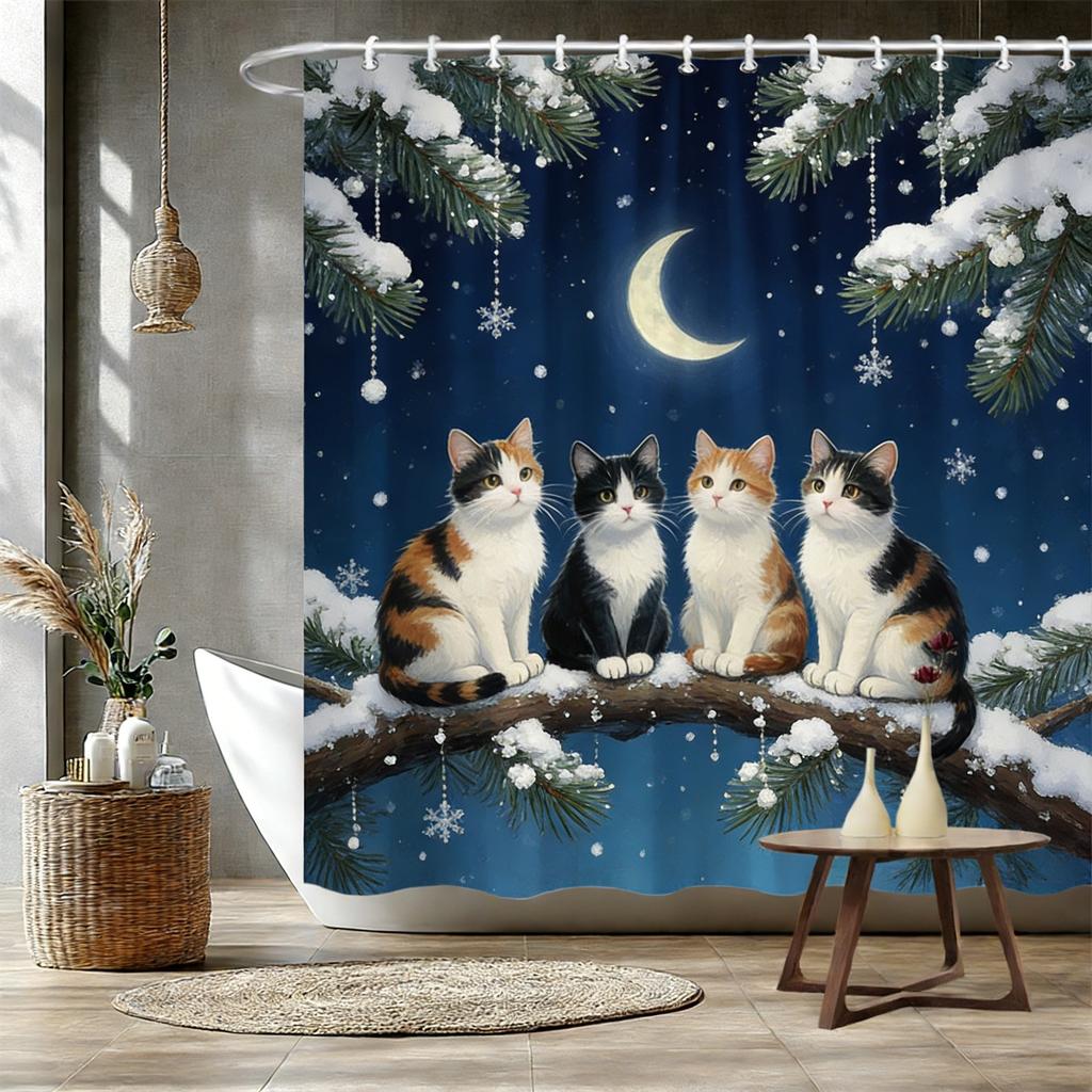 Four White Cats on Magnolia Branch Waterproof Shower Curtain for Bathroom Decor