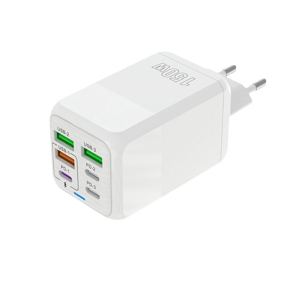 150W 6-in-1 Multi-port Fast Charger: 3 USB + 3 PD Ports, 5V 3.1A