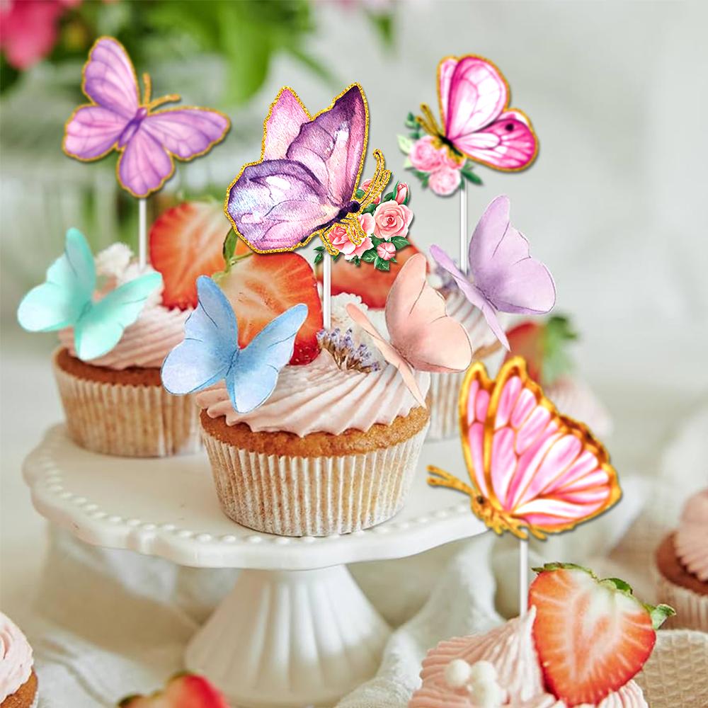 12/24 Stück Schmetterling Blume Kuchen Topper Rosa Lila Fee Schmetterling Kuchen Dekoration Mädchen Geburtstag Hochzeitsfeier Dekor Zubehör