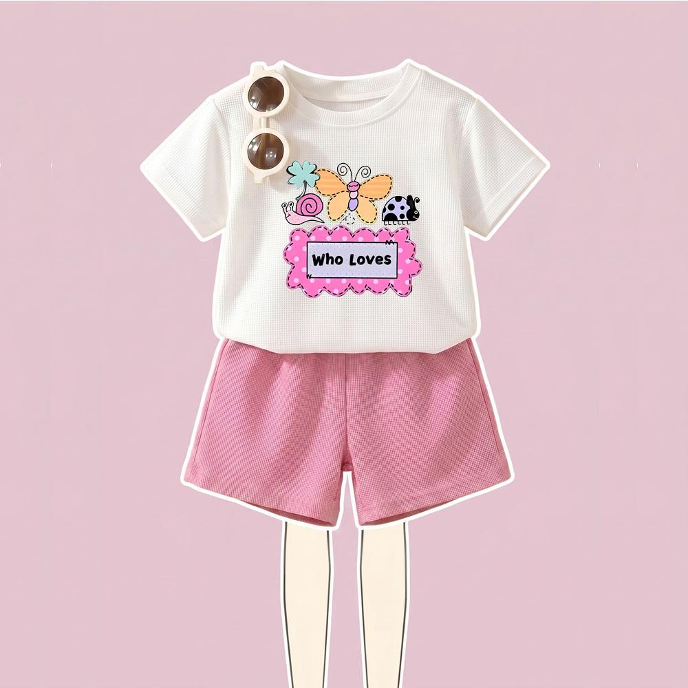 Summer Breathable Waffle Girls Fashion Outfits Kids T Shirt and Shorts 2pcs Sets Sport Running