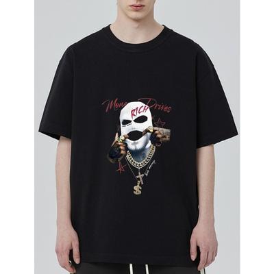 Black T-Shirt with Skull and Money Chain Print for Streetwear Fashion