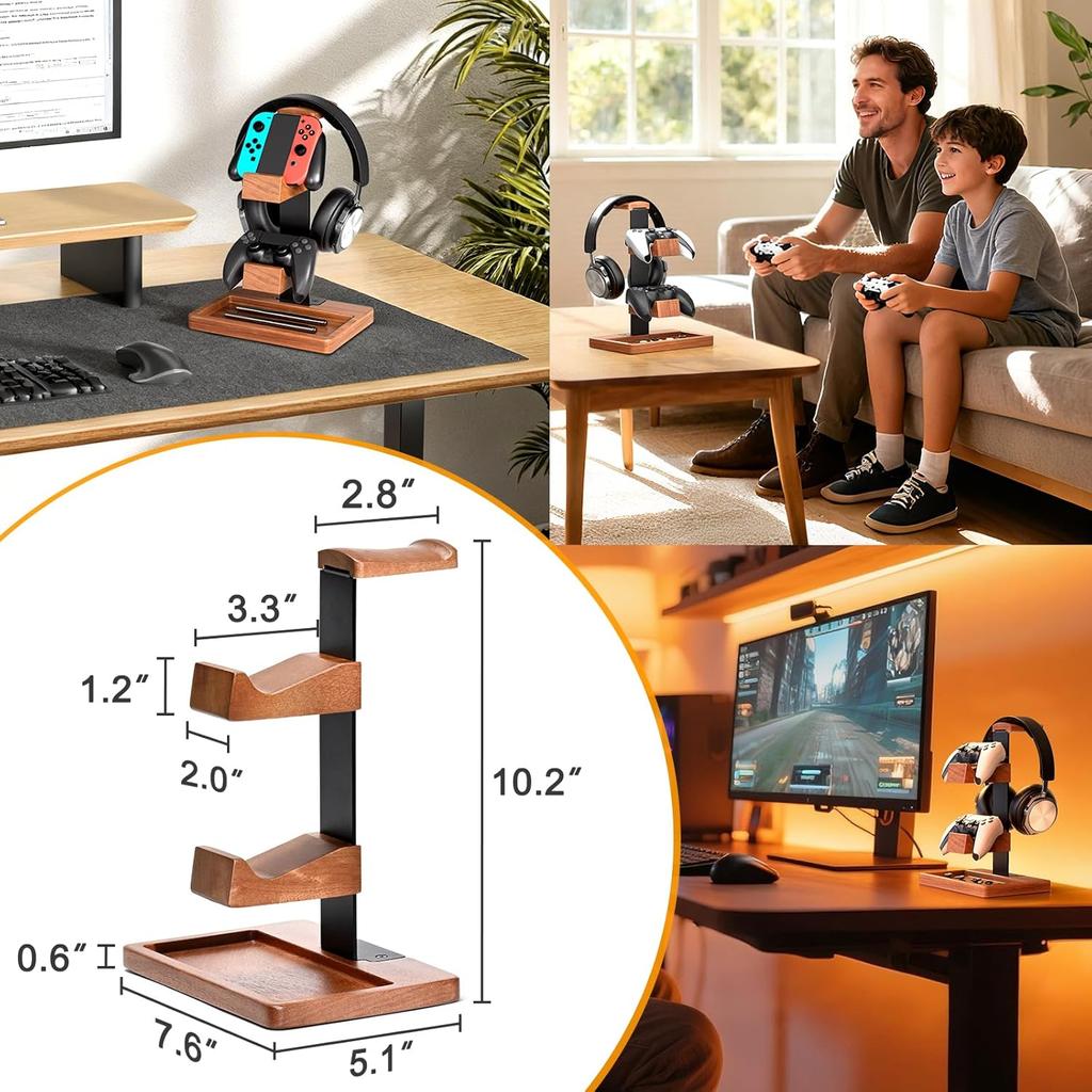 Supporto in Legno Massiccio per Controller e Cuffie, Rack Organizzatore Doppio per Controller, Adatto a , Gamepad, Supporto per Cuffie per Figlio, Marito, Fidanzato