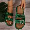 Women's Slippers 2024 Brand Plus Size Fashionable Sequin Flat Shoes New Belt Buckle Exposed Toe Outdoor Casual Women's Slippers