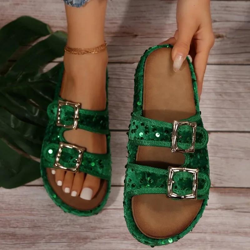 Women's Slippers 2024 Brand Plus Size Fashionable Sequin Flat Shoes New Belt Buckle Exposed Toe Outdoor Casual Women's Slippers