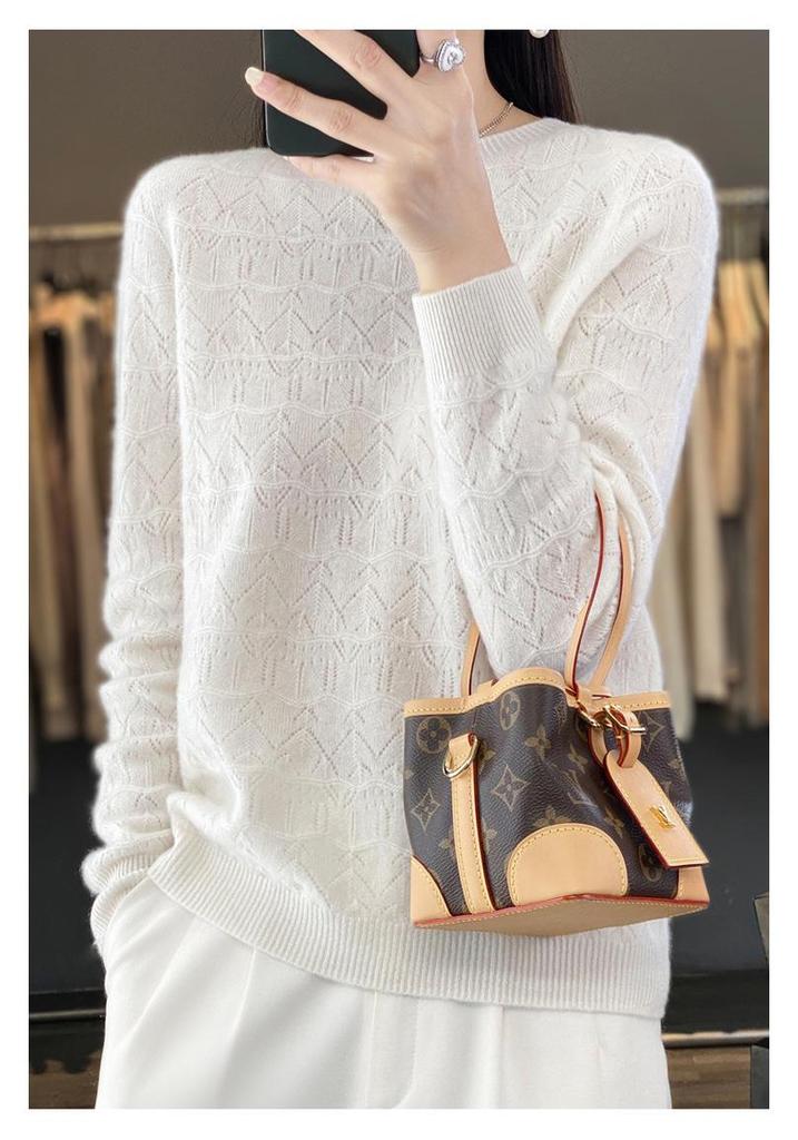 Women's Hollowed-Out Wool Round Neck Sweater - New Style, Loose Fit, Versatile Pullover for Spring and Autumn