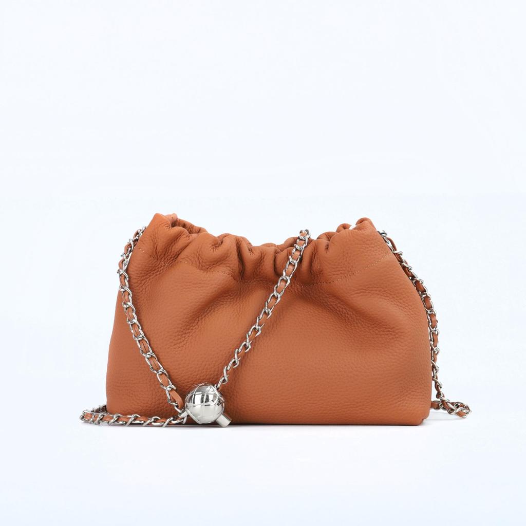 Women's Genuine Leather Cloud Pleated Shoulder Bag with Golden Ball Detail