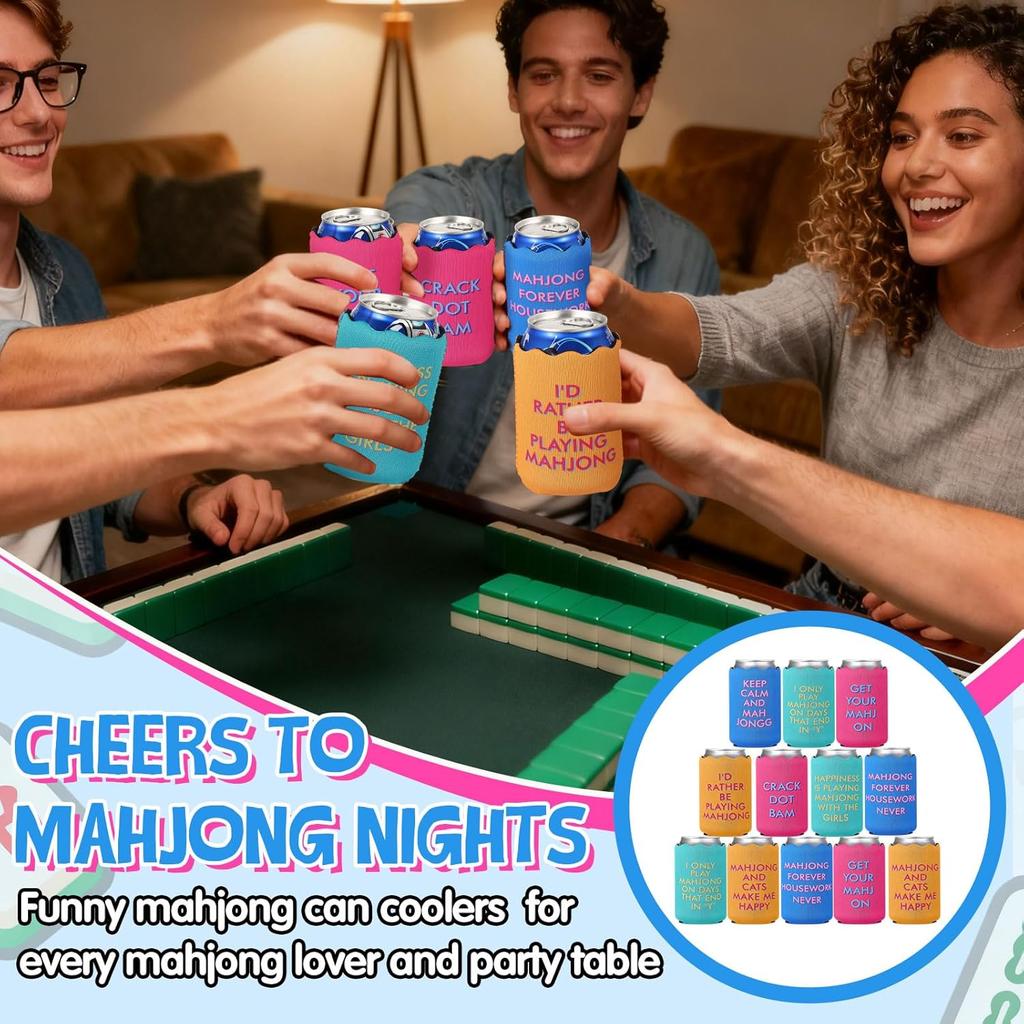 Chengu 12 Pcs Mahjong Party Can Coolers Sleeves with Funny Sayings Colorful Wavy Edges Can Coolers for Soda & Beer Game Night Mahjong Accessories