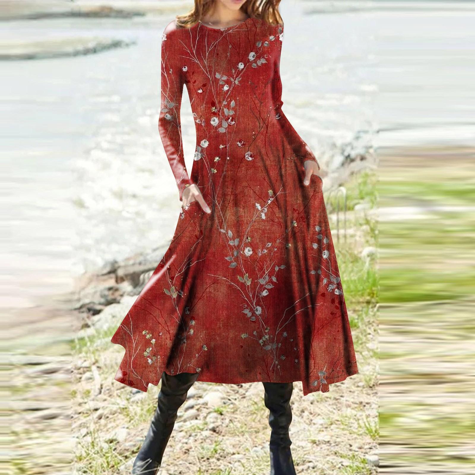 

Женская мода повседневный пуловер с круглым вырезом и принтом, облегающее платье с длинным рукавом L красный