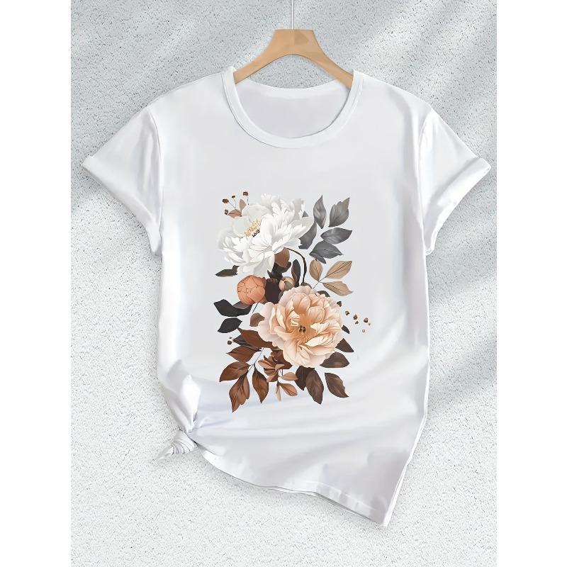 European Size Women'S Casual Summer Graphic Tee - Vibrant Floral Print Short Sleeve Crew Neck T-Shirt, Yellow with White & Pink Flowers,Casual Attire