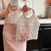 New Wooden Handle Rattan Handle Solid Color Hollow Handmade Cotton Rope Woven Bag Seaside Vacation Handbag Straw Bag