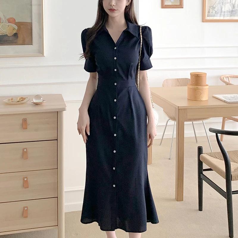 

Корейское Y2k летнее однобортное платье женское повседневное элегантное плиссированное платье с эластичной резинкой на талии женская шикарная офисная женская одежда с пышными рукавами One Size темно-синий