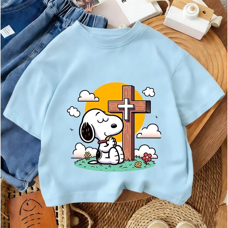 Fashion Cartoon Crew Neck T-shirt, Cute Casual Summer Children's Clothing, Snoopy