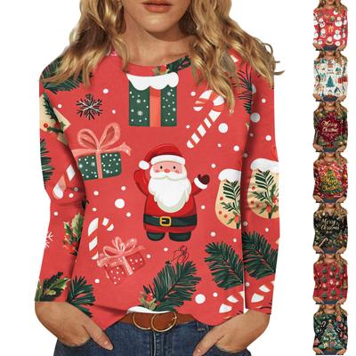 Modisches, lässiges Langarm-Oberteil mit Weihnachtsdruck und Rundhalsausschnitt für Damen