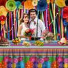 4PCS Mexican Holiday Theme Table Cloth Mexican Fiesta Tablecloths Cinco De Mayo Table Cover Mexico Colorful Striped Paper Flower Table Cloth for