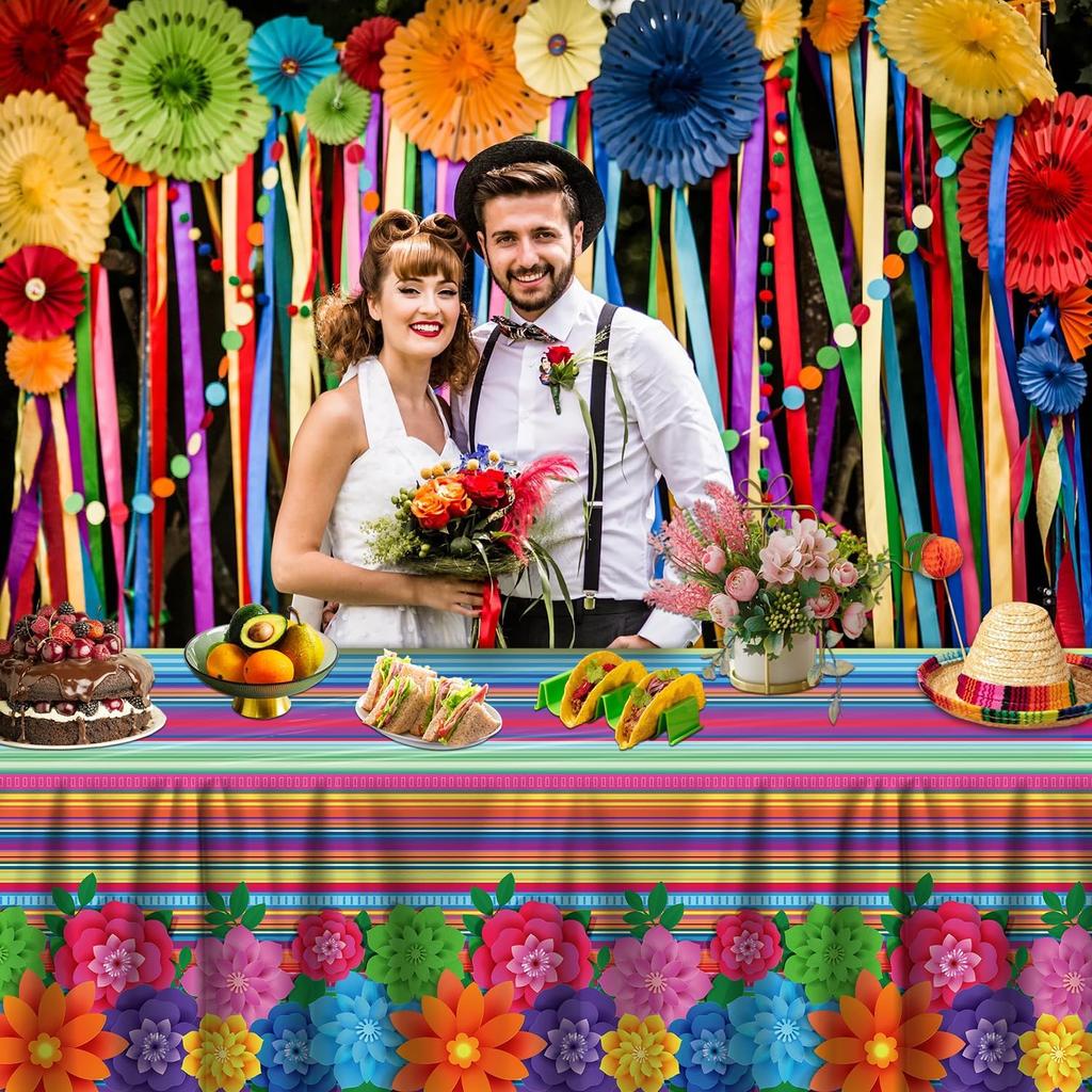 4PCS Mexican Holiday Theme Table Cloth Mexican Fiesta Tablecloths Cinco De Mayo Table Cover Mexico Colorful Striped Paper Flower Table Cloth for