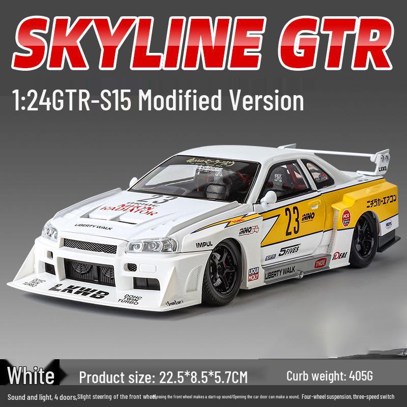 1:24 Alloy GTR R34 Model Car Toy with Sound, Light, Openable Doors, Four-Wheel Steering, and Pull-Back Action