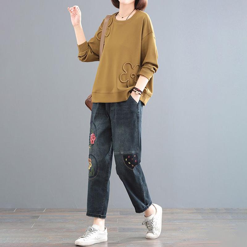 Women's Spring and Autumn Large Size Cotton Sweatshirt Solid Color Round Neck Loose Pullover Top