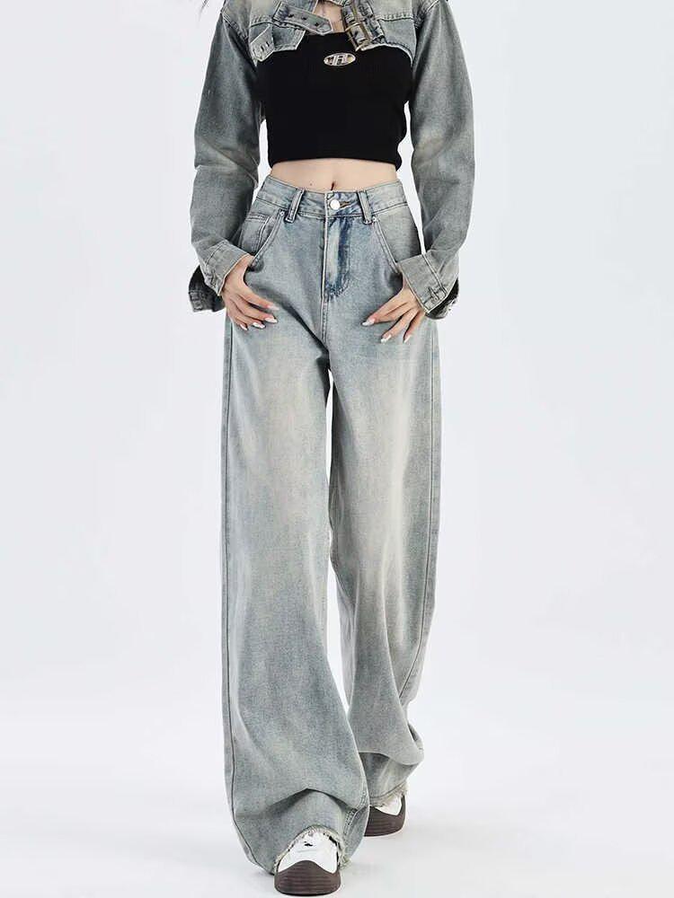 

Женские джинсы с высокой талией, необработанным краем и широкими штанинами на осень/зиму 2024 года - Приталенный свободный крой, дизайн с прямыми штанинами XL синий