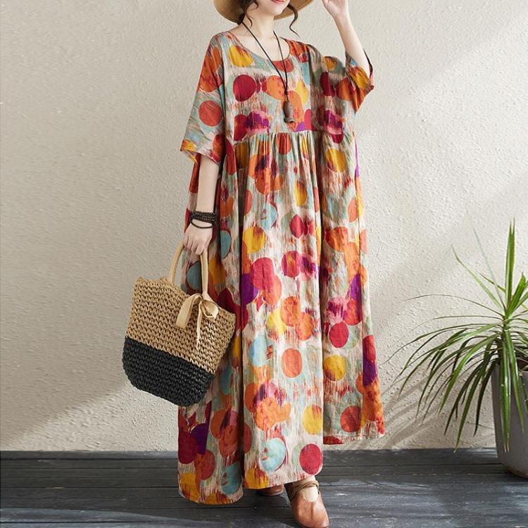 

Summer Women Dresses Bohemian Print Long Dress Multi Color Short Sleeve Crew Neck Simple Hit Color Johnature One Size оранжевый